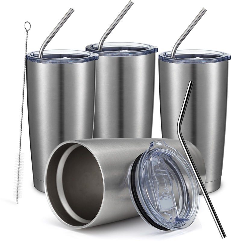 COMOOO 20oz Stainless Steel Tumbler Bulk Double Wall Vacuum Coffee Cup Insulated Travel Mug with Lid and Straw Durable Powder Coated Insulated Coffee Cup for Cold & Hot Drinks (silver, 4 pack - Image 1